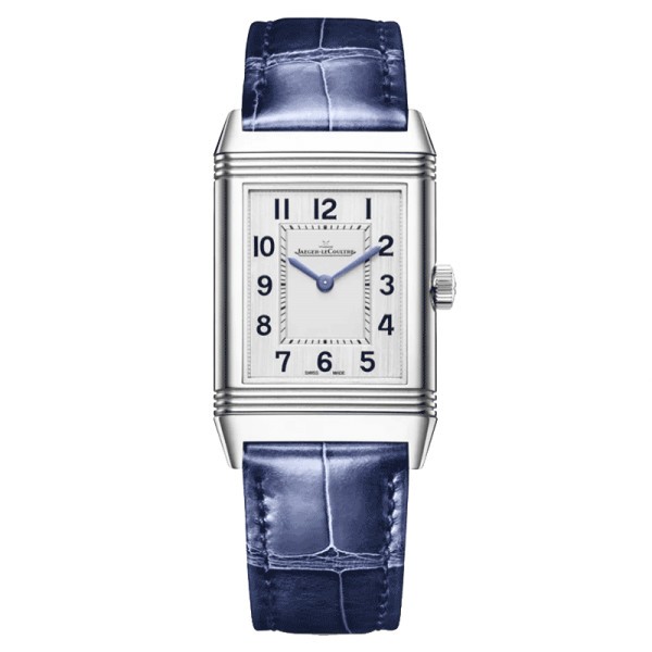 Jaeger LeCoultre Reverso Classic Medium Thin quartz watch silver dial blue leather strap