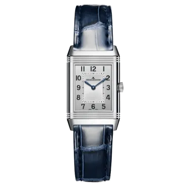 Jaeger LeCoultre Reverso Classic Small Duetto automatic watch silver dial blue leather strap