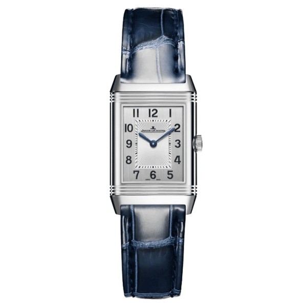 Jaeger LeCoultre Reverso Classic Small Duetto automatic watch silver dial blue leather strap