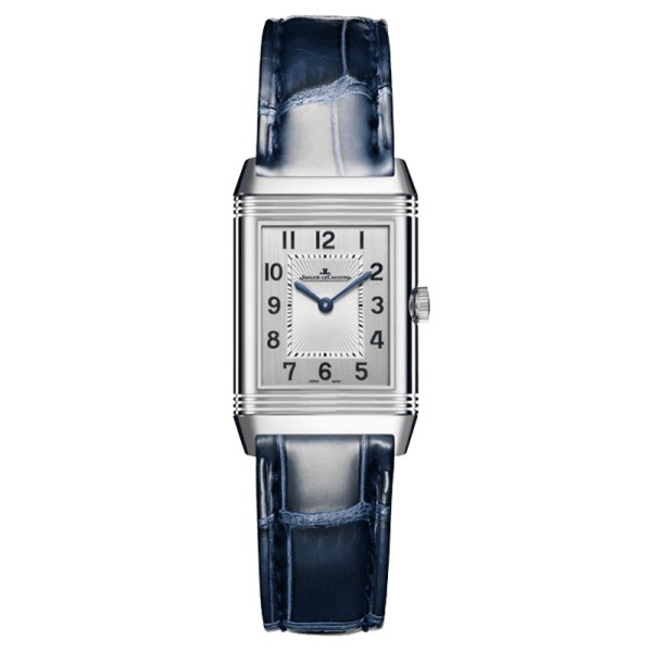 Montre Jaeger LeCoultre Reverso Classic Small Duetto automatique cadran argent bracelet cuir bleu