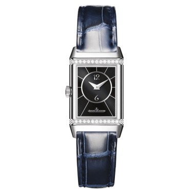 Montre Jaeger LeCoultre Reverso Classic Small Duetto automatique cadran argent bracelet cuir bleu