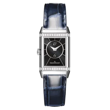 Montre Jaeger LeCoultre Reverso Classic Small Duetto automatique cadran argent bracelet cuir bleu