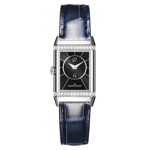 Montre Jaeger LeCoultre Reverso Classic Small Duetto automatique cadran argent bracelet cuir bleu