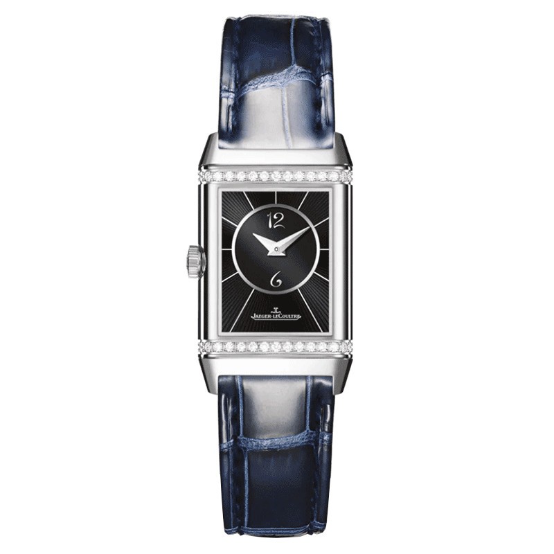 Montre Jaeger LeCoultre Reverso Classic Small Duetto automatique cadran argent bracelet cuir bleu