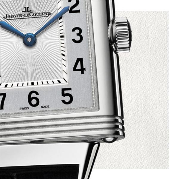 Montre Jaeger LeCoultre Reverso Classic Small Duetto automatique cadran argent bracelet cuir bleu