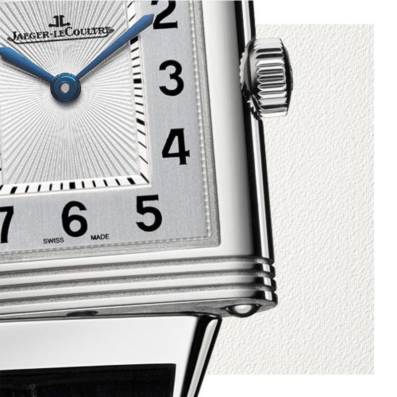Montre Jaeger LeCoultre Reverso Classic Small Duetto automatique cadran argent bracelet cuir bleu