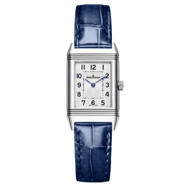 Montre Jaeger LeCoultre Reverso Classic Small automatique cadran argent bracelet cuir bleu