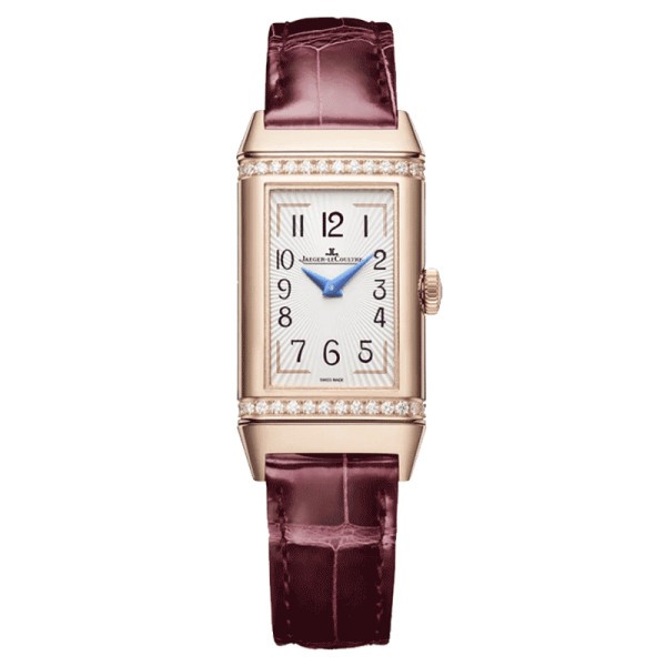 Jaeger LeCoultre Reverso One Duetto automatic watch silver dial burgundy leather strap