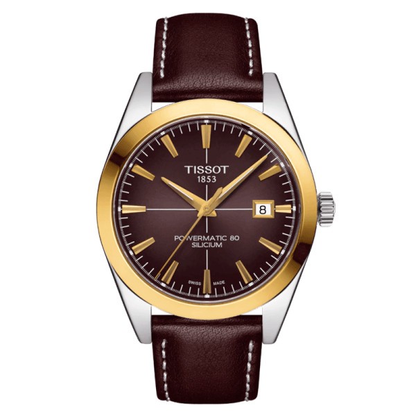 Tissot T-Gold Gentleman Powermatic 80 silicium watch brown dial brown leather strap 42 mm