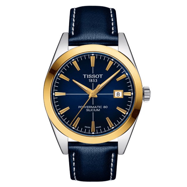 Tissot T-Gold Gentleman Powermatic 80 silicium watch blue dial blue leather strap 42 mm