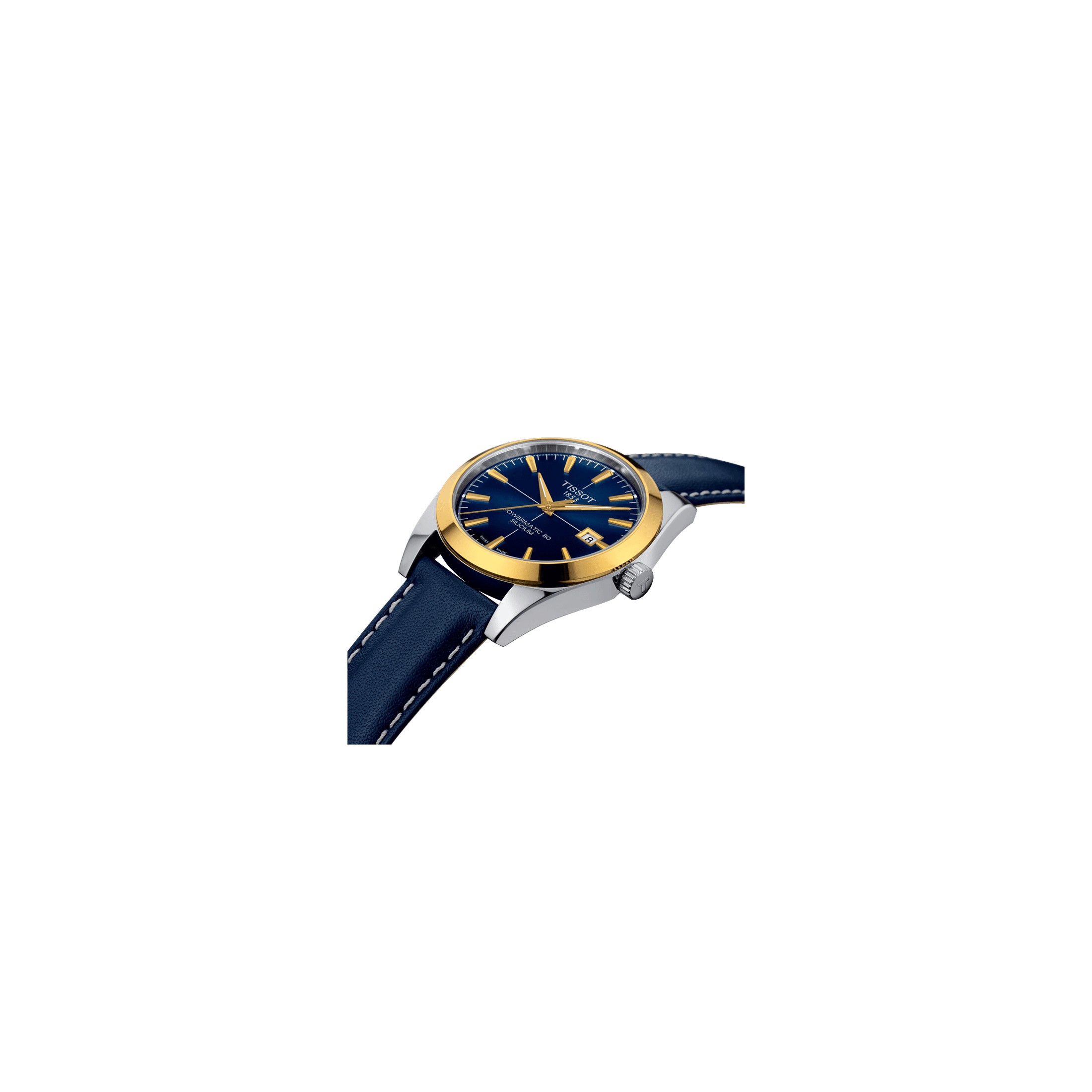 Tissot T-Gold Gentleman Powermatic 80 watch blue leather strap 42mm