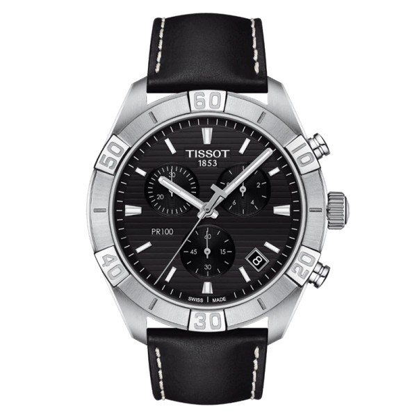 Montre Tissot T-Classic PR 100 Sport chronograph gent cadran noir bracelet cuir noir 44 mm