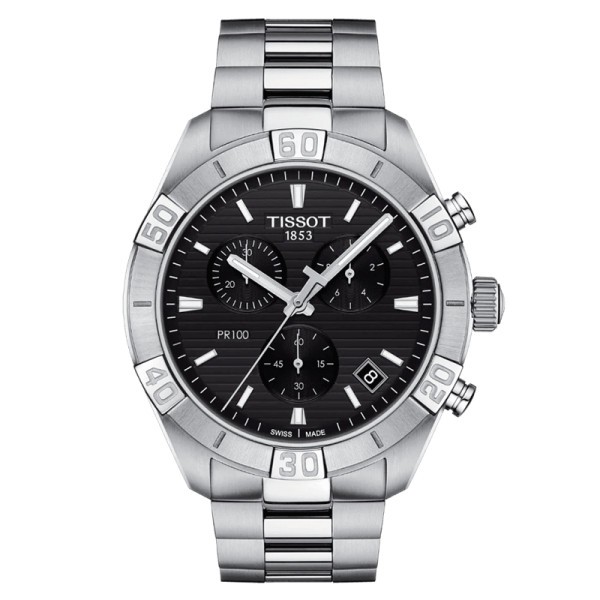 Tissot T-Classic PR 100 Sport chronograph watch black dial steel bracelet 44 mm