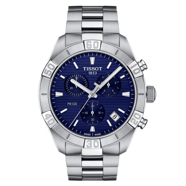 Tissot T-Classic PR 100 Sport chronograph watch blue dial steel bracelet 44 mm