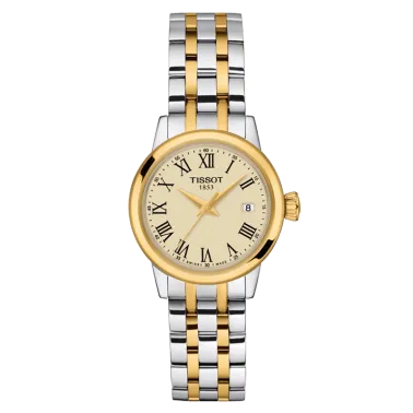 Montre Tissot T-Classic Dream Lady quartz acier PVD doré cadran blanc bracelet acier 28 mm