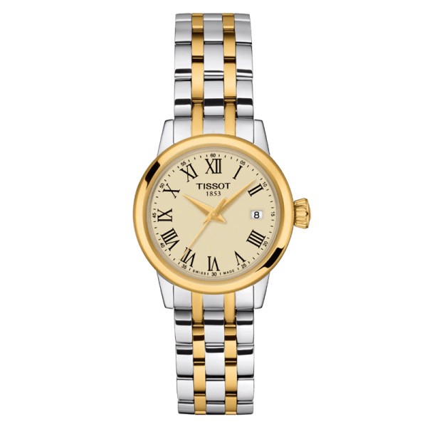 Montre Tissot T-Classic Dream Lady quartz acier PVD doré cadran blanc bracelet acier 28 mm