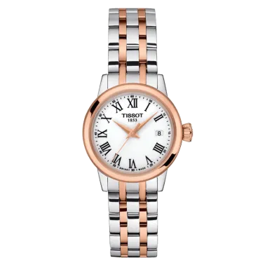 Tissot T-Classic Dream Lady quartz watch pink gold PVD steel white dial steel bracelet 28 mm
