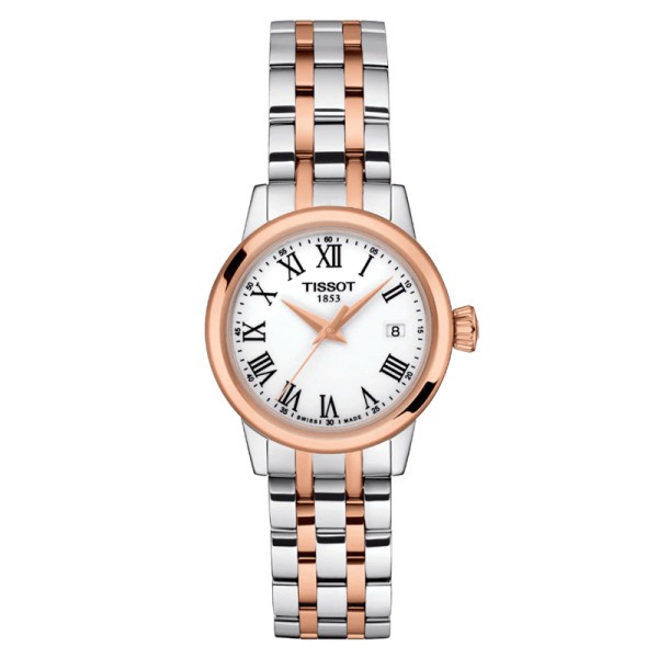 Tissot T-Classic Dream Lady quartz watch pink gold PVD steel white dial steel bracelet 28 mm