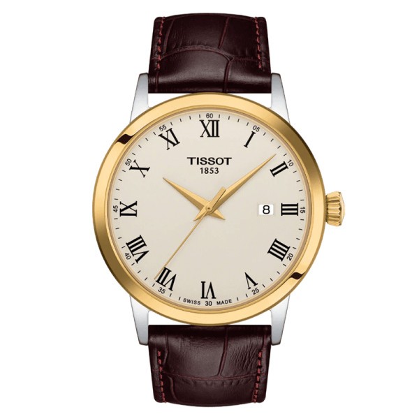 Tissot T-Classic Dream Gent quartz watch PVD gold-plated steel white dial brown leather strap 42 mm