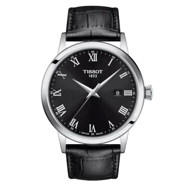Tissot T-Classic Dream Gent quartz watch black dial black leather strap 42 mm