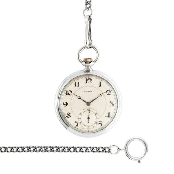 Zenith mechanical pocket watch with steel chain 1920s 50 mm