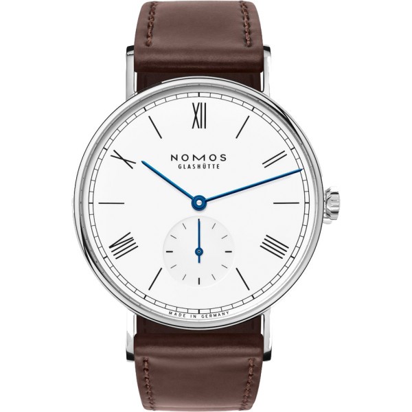 NOMOS Ludwig 38 mechanical watch white enamel dial brown leather strap 37,5 mm 236