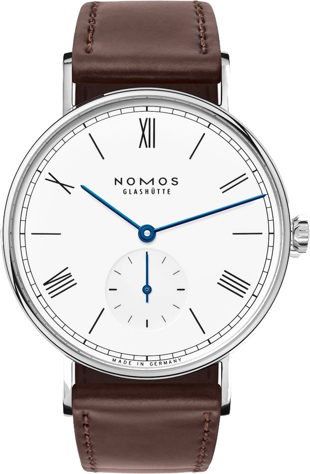 NOMOS Ludwig 38 mechanical watch white enamel dial brown leather strap 37,5 mm 236