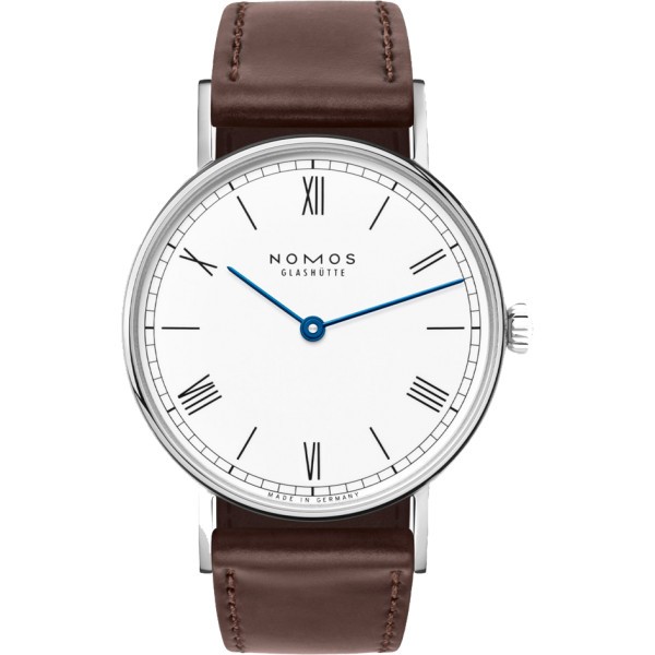 NOMOS Ludwig 33 Duo mechanical watch white enamel dial sapphire back brown leather strap 32.8 mm 249