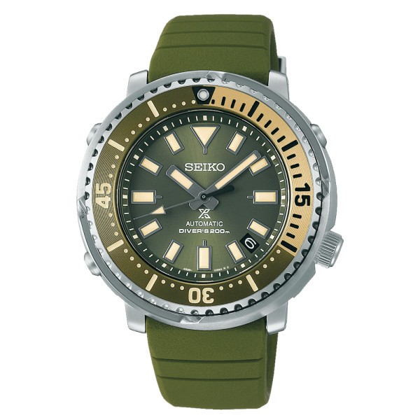 Seiko Prospex Safari automatic watch "Arnie" case khaki dial silicone bracelet 43,2 mm SRPF83K1
