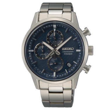 Watch Seiko Sport titanium chronograph quartz watch night blue dial 41.6 mm titanium bracelet SSB387P1