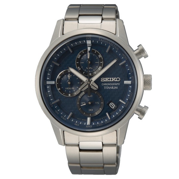 Watch Seiko Sport titanium chronograph quartz watch night blue dial 41.6 mm titanium bracelet SSB387P1