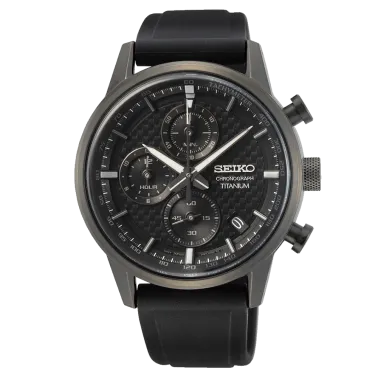 Watch Seiko Sport titanium chronograph quartz watch black dial silicone bracelet 41.6 mm SSB393P1