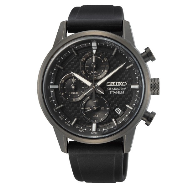 Watch Seiko Sport titanium chronograph quartz watch black dial silicone bracelet 41.6 mm SSB393P1