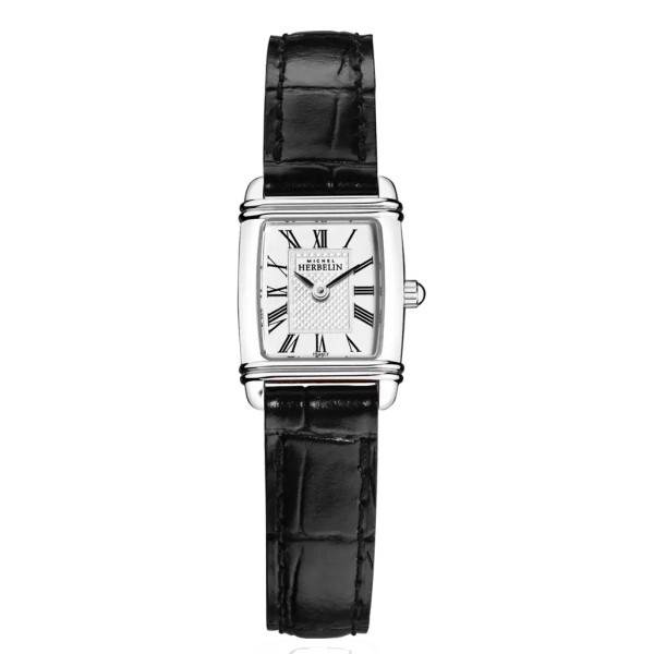 Michel Herbelin Art Deco quartz watch silver dial Roman numerals black leather strap 30 x 35,5 mm 10638/08