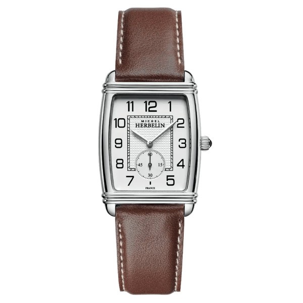 Michel Herbelin Art Deco quartz watch silver dial Arabic numerals brown leather strap 30 x 35,5 mm 10638/22MA