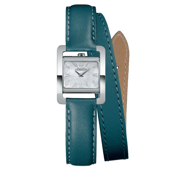 Michel Herbelin V Avenue quartz watch mother-of-pearl dial Roman numerals peacock blue leather strap 22.5 x 17 mm 17037/09BVL