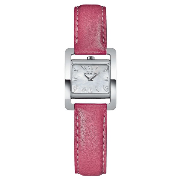 Michel Herbelin V Avenue quartz watch mother-of-pearl dial Roman numerals pink leather strap 22.5 x 17 mm 1703709ROZ