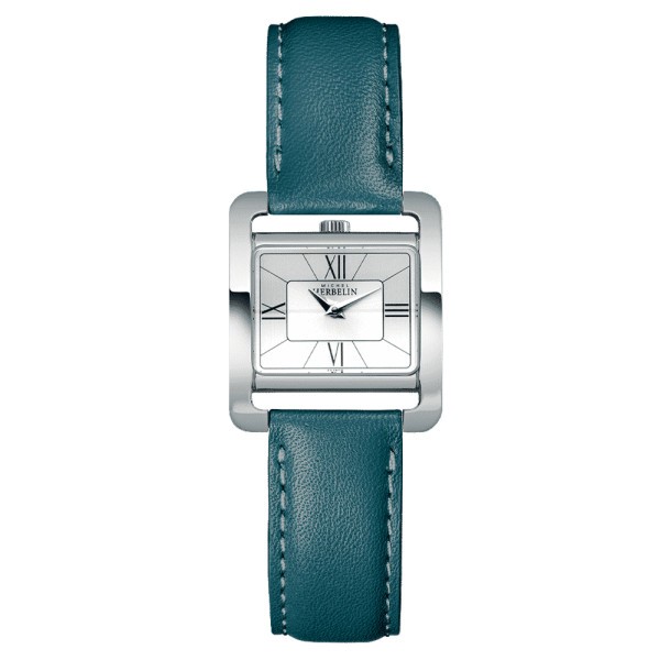 Michel Herbelin V Avenue quartz watch silver dial Roman numerals peacock blue leather strap 25,5 x 19 mm 17137/08BV