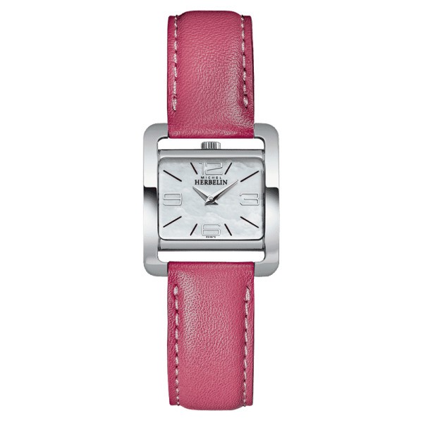 Michel Herbelin V Avenue quartz watch silver dial Arabic numerals pink leather strap 25.5 x 19 mm17137/19ROZ