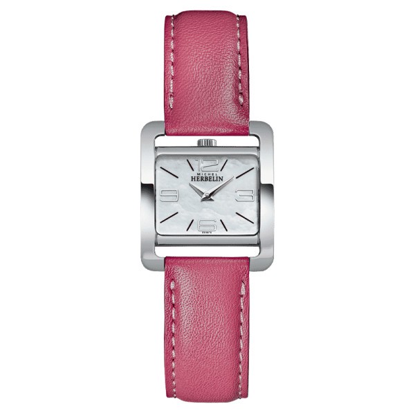 Montre Michel Herbelin V Avenue quartz cadran argent chiffres arabes bracelet cuir rose 25,5 x 19 mm 17137/19ROZ