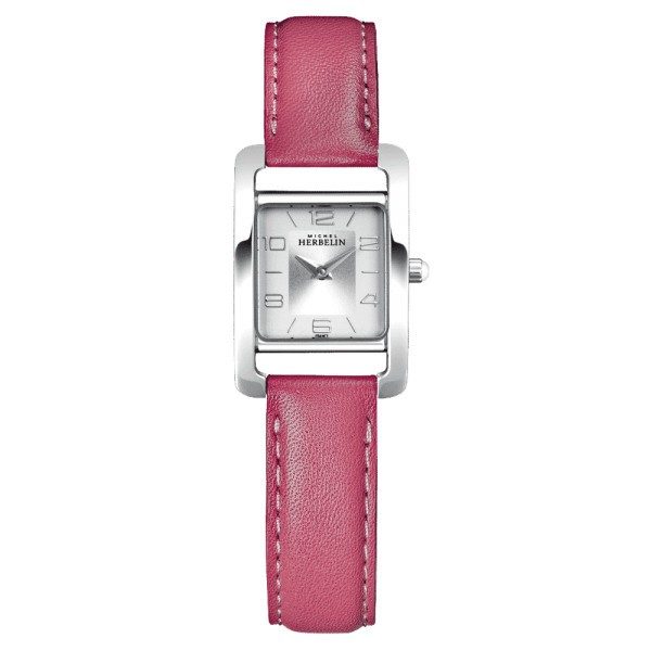 Michel Herbelin V Avenue quartz watch silver dial Arabic numerals pink leather strap 20.5 x 19 mm 17437/21ROZ