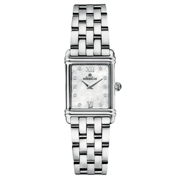 Michel Herbelin Art Deco quartz watch mother-of-pearl dial and zircons steel bracelet 20.3 x 24.4 mm 17478/59B2