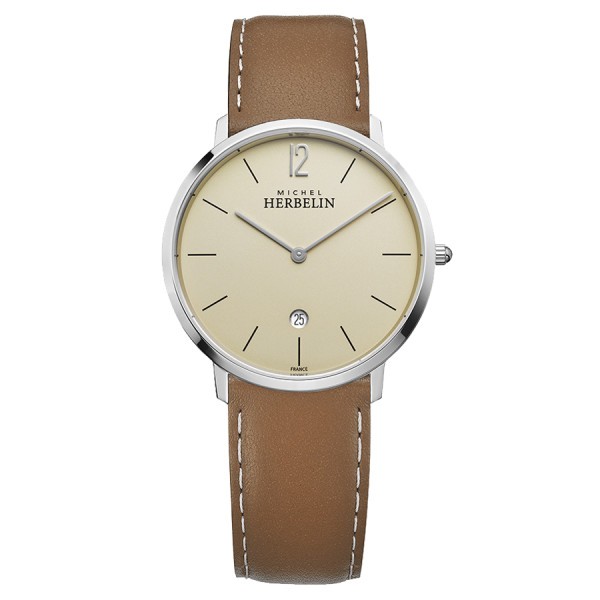 Michel Herbelin City quartz watch silver dial gold leather strap 38,7 mm 19515/17NGO