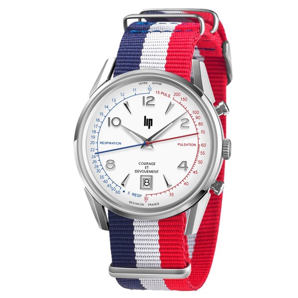 Montre Lip Courage quartz cadran blanc bracelet nato bleu blanc rouge 40 mm 670011