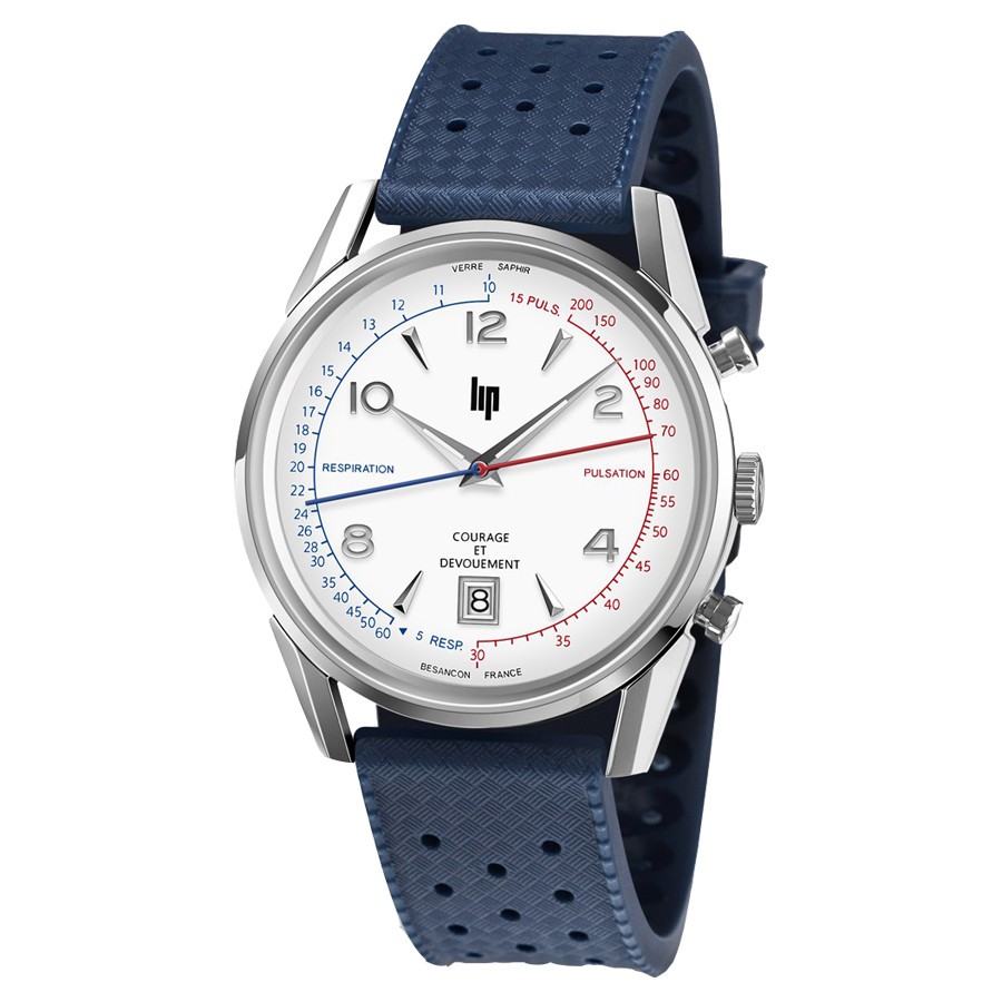 Montre Lip Courage quartz cadran blanc bracelet nato bleu blanc rouge 40 mm 670011