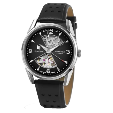 Montre Lip Himalaya Sablier automatique cadran noir bracelet cuir noir 40 mm 671573
