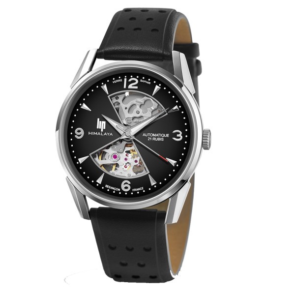 Lip Himalaya Hourglass automatic watch black dial black leather strap 40 mm 671573