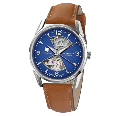 Montre Lip Himalaya Sablier automatique cadran bleu bracelet cuir marron 40 mm 671575