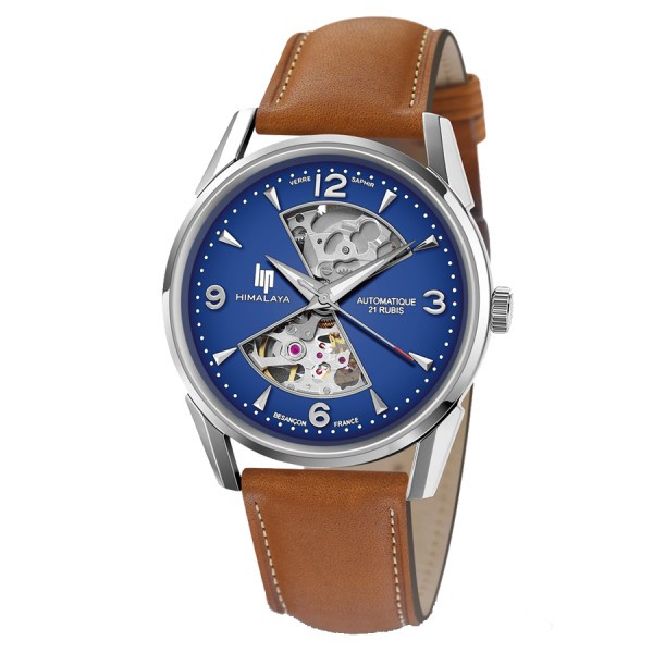 Montre Lip Himalaya Sablier automatique cadran bleu bracelet cuir marron 40 mm 671575