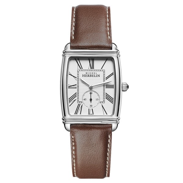 Michel Herbelin Art Deco quartz watch silver dial Roman numerals brown leather strap 30 x 35,5 mm 10638/08MA